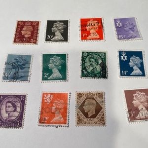 12 Vintage Mix British Stamps Of Queen And King By Machin In1924. set 5/canceled